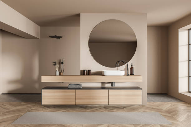 istock Beige shower room with modern shelf vanity 1357454490
