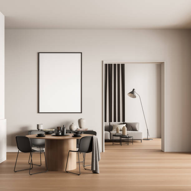 istock Mockup in beige dining room with sofa on background 1357454604
