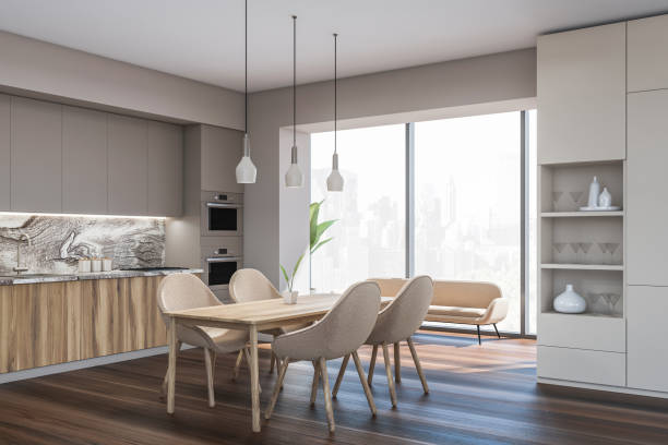 istock Bright kitchen room interior with panoramic window with New York 1357456047