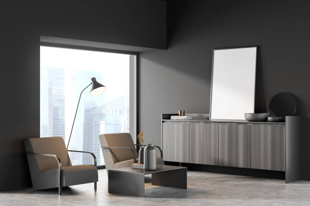 istock Corner view on dark living room interior with empty poster 1357456361