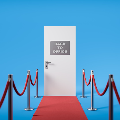 Open Door on the Top of Stairs with red carpet and barrieres rope Isolated on White Background, 3D render