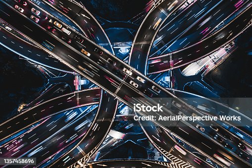 istock Drone Point View of Overpass and City Traffic at Night 1357458696