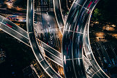 Drone Point View of Overpass and City Traffic at Night