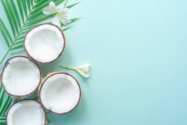 istock Tropical green palm leaf and cracked coconut on Green background. 1357459551