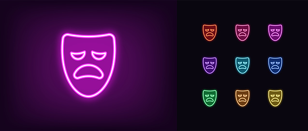 Neon tragedy mask, outline icon. Glowing neon drama mask, sad face pictogram in vivid colors. Dramatic theatrical performance, tragedy show, sadness face. Vector icon set, symbol for UI