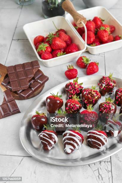 Strawberries Dipped In Chocolate For Romantic Dessert Stock Photo - Download Image Now