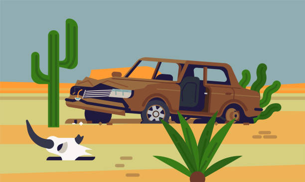 ilustraciones, imágenes clip art, dibujos animados e iconos de stock de ilustración del concepto del desierto mortal caliente - coches abandonados
