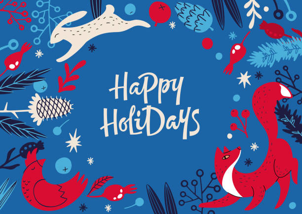 illustrations, cliparts, dessins animés et icônes de affiche lumineuse avec des animaux et des plantes entourant le texte happy holidays - color image blue background season animal