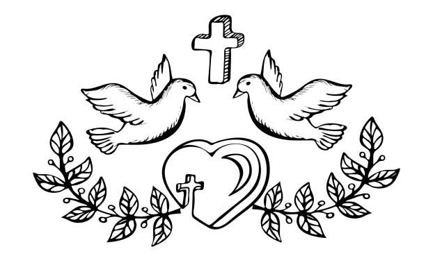 ilustrações, clipart, desenhos animados e ícones de ilustração com crucifixo, coroa de louros, coração e pombas - cross shape cross heart shape jesus christ