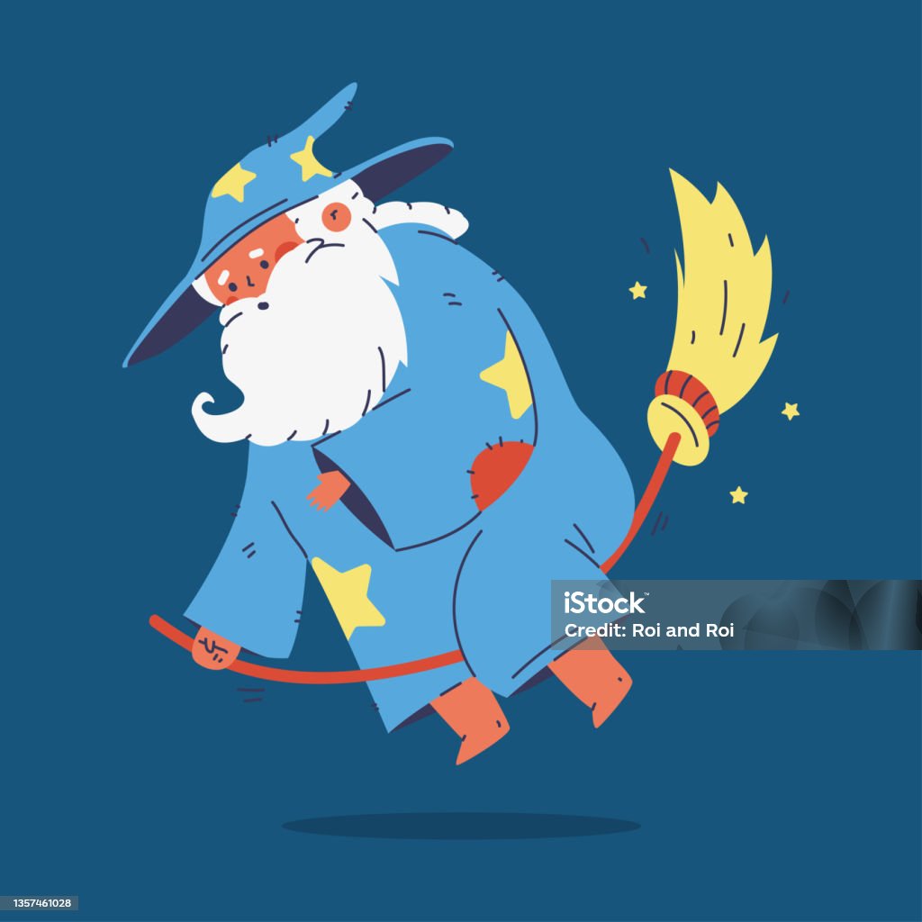 Wizard Flying Cute Wizard Flying On Magic Broom Vector Cartoon Character Isolated On ...