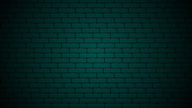 istock Dark green nightly brick wall realistic design background. Green brick background design template. 1357461490