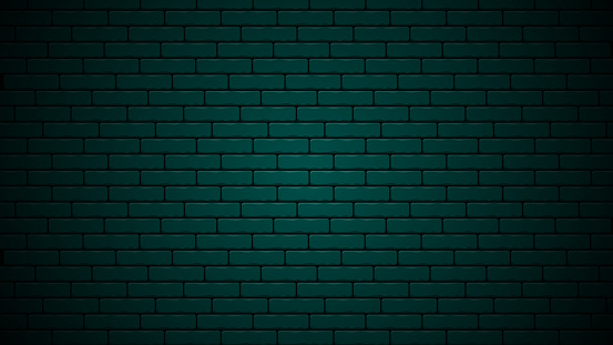 Dark green nightly brick wall realistic design background. Cartoon green brick background design template. Vector illustration.