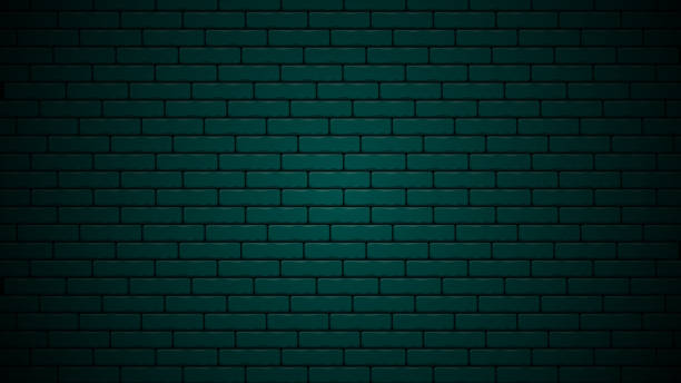 Dark green nightly brick wall realistic design background. Green brick background design template. Dark green nightly brick wall realistic design background. Cartoon green brick background design template. Vector illustration. green wall stock illustrations