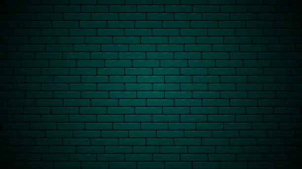 Vector illustration of Dark green nightly brick wall realistic design background. Green brick background design template.