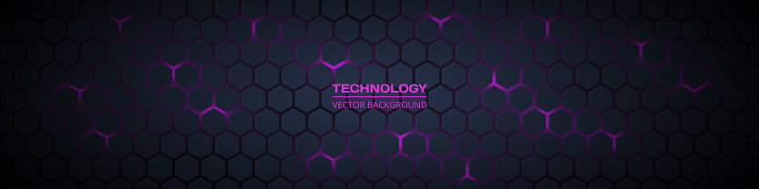 Dark gray and purple horizontal hexagonal technology abstract wide vector background. Purple bright energy flashes under hexagon. Technology futuristic modern wide banner. Dark gray honeycomb texture.