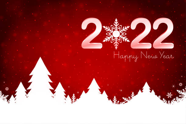 istock Glittery Christmas vector horizontal red backgrounds with text Happy New year 2022 and a white coloured snow covered mountain range with coniferous trees  and snowflakes and shiny dots at over bright vibrant maroon backdrop 1357464403