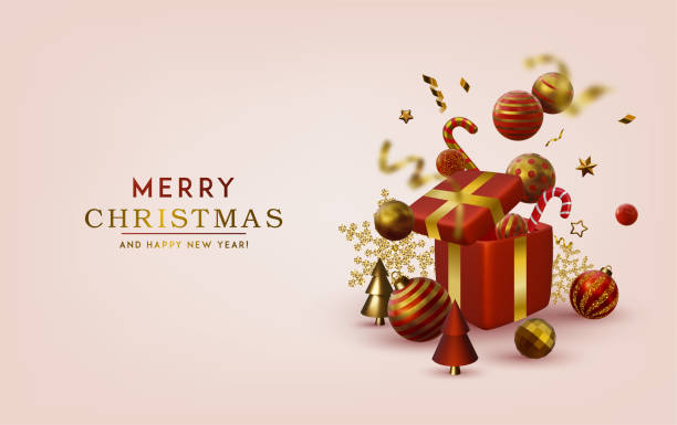 istock Abstract Christmas 3D vector illustration, gift box with different golden stars, Christmas trees and balls. 1357464722