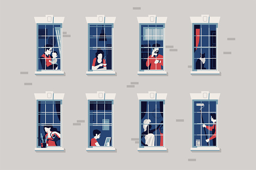 Social distancing themed concept vector with people staying at home during lockdown.