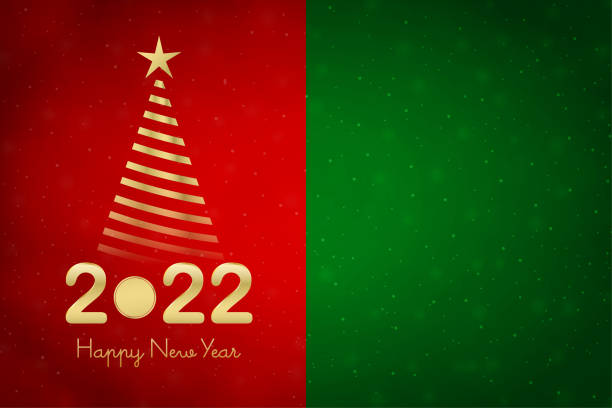 ilustrações de stock, clip art, desenhos animados e ícones de golden metallic yellow or beige colored three dimensional or 3d text 2022 and happy new year over dark bright vibrant red maroon and ree horizontal bordered festive glowing glittering vector backgrounds with a striped christmas tree with a star - bordered