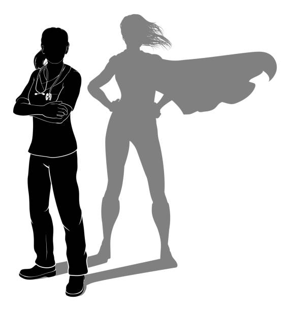 Doctor Nurse Woman Silhouette Scrubs Super Hero A doctor or nurse woman in silhouette wearing scrubs revealed as a super hero by her shadow. superhero clip art stock illustrations
