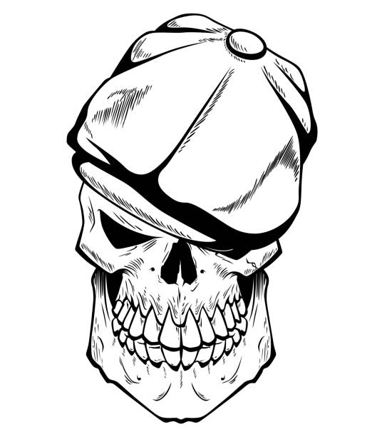 Stylized skull with a flat cap Creepy tattoo stylized skull with a flat cap isolated on white background flat cap stock illustrations