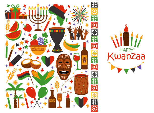 Vector illustration collection of Happy Kwanzaa. Holiday symbols on black background. Vector illustration. Vector collection of Happy Kwanzaa. Holiday symbols kwanzaa stock illustrations