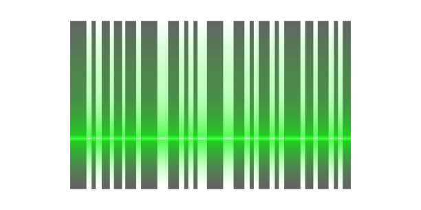 illustrations, cliparts, dessins animés et icônes de signe de code ean avec ligne de lumière verte du scanner. code à barres linéaire, marque d’étiquette de produit avec effet lumineux lecteur. icône d’étiquette de produit abstraite sur fond blanc. illustration vectorielle - bar code reader illustrations