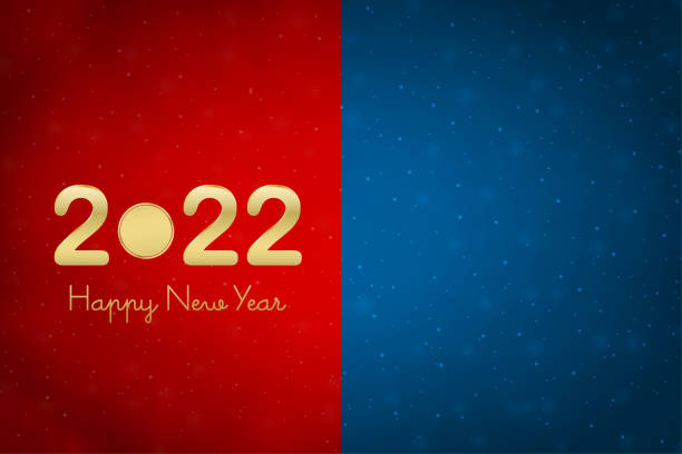 ilustrações de stock, clip art, desenhos animados e ícones de golden metallic yellow or beige colored three dimensional or 3d text 2022 and happy new year over dark bright vibrant red maroon and midnight blue horizontal bordered festive glowing vector background - bordered