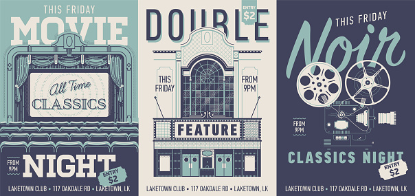 Movie night, Double Feature and Noir Classics night concept designs with vintage looking movie theater items