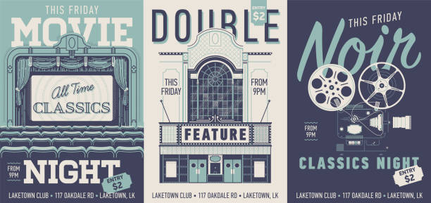 Set of three vector movie poster, flyer or banner templates in retro style Movie night, Double Feature and Noir Classics night concept designs with vintage looking movie theater items theater industry illustrations stock illustrations