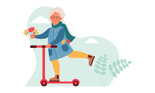A cute grandmather in glasses and a coat rides a scooter and enjoys. The concept of using modern transport by older people, hobby for modern technologies. Vector illustration.
