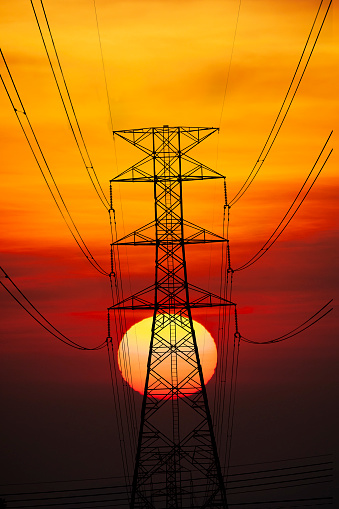 Silhoutte of  Power line on the background of the sunset