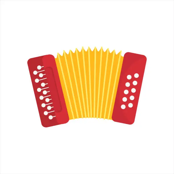 Vector illustration of Chromatic Button Accordions or Russian Bayan, Flat Folk Ethnic Musical Instrument isolated on white. Cartoon vector Harmonic or Jews-harp in red and yellow color.