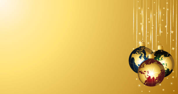 istock Beautiful globes balls on a golden festive christmas background banner. Vector illustration. 1357470026