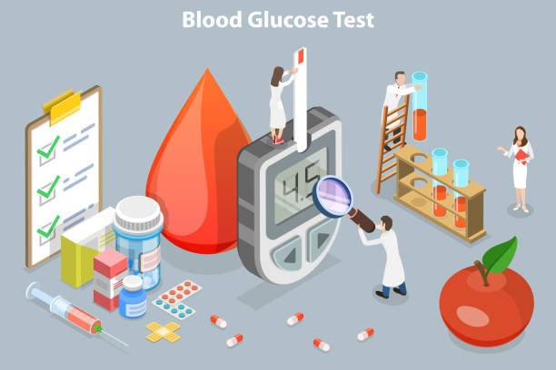 혈액 포도당 검사의 3d 등립 평면 벡터 개념 적 그림 - diabetes high up blood sugar test glucose stock illustrations