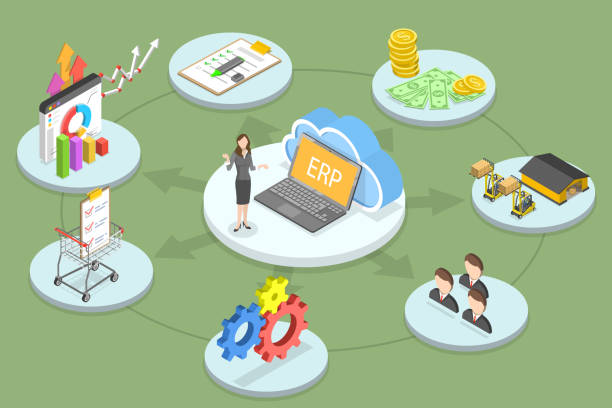 3D Isometric Flat Vector Conceptual Illustration of Cloud ERP 3D Isometric Flat Vector Conceptual Illustration of Cloud ERP, Enterprise Resource Planning Software computer settings screen stock illustrations