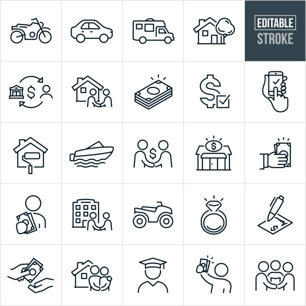 Loan and Borrowing Thin Line Icons - Editable Stroke An icon set of loan types that include editable strokes or outlines using the EPS vector file. The icons include a motorcycle loan, car loan, vehicle, RV loan, motorhome, house loan, bank loaning money to customer, customer shaking hands with loan officer to purchase home, stack of cash, loan approval, online loan approval, home improvement loan, boat loan, pay day loan, cash advance, person holding out money, business loan, ATV loan, diamond ring, signed contract, cash exchanging hands, couple standing in front of new home, student with graduation cap and two people getting married. conceptual symbol stock illustrations