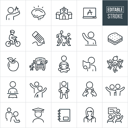 A set of elementary education icons that include editable strokes or outlines using the EPS vector file. The icons include an elementary student writing letters, human brain, elementary school building, letter on a chalkboard, elementary aged student riding bicycle, pencil, parent walking student to school, elementary student with hand raised, sandwich, apple, elementary child boarding school bus, student reading a book, children playing with ball at recess, students waving to one another, student on swing, student with backpack, two elementary aged students waving, elementary student taking school exam, elementary student graduate, notebook, female elementary teacher and an elementary teacher at chalkboard teaching class of students.