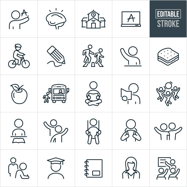 Elementary Education Thin Line Icons - Editable Stroke A set of elementary education icons that include editable strokes or outlines using the EPS vector file. The icons include an elementary student writing letters, human brain, elementary school building, letter on a chalkboard, elementary aged student riding bicycle, pencil, parent walking student to school, elementary student with hand raised, sandwich, apple, elementary child boarding school bus, student reading a book, children playing with ball at recess, students waving to one another, student on swing, student with backpack, two elementary aged students waving, elementary student taking school exam, elementary student graduate, notebook, female elementary teacher and an elementary teacher at chalkboard teaching class of students. school stock illustrations