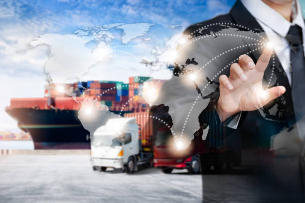 istock businessman touching world map screen, Global business logistics import export background and container cargo freight ship transport concept 1357475606