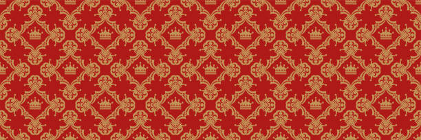 赤の背景にロイヤルスタイルで華やかな背景パターン。シームレスな壁紙のテクスチャ。ベクトルの図 - retro revival old fashioned silk wallpaper pattern点のイラスト素材／クリップアート素材／マンガ素材／アイコン素材