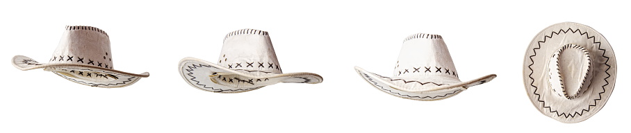 set White classic wide brim cowboy hat in multiple positions isolated on white background