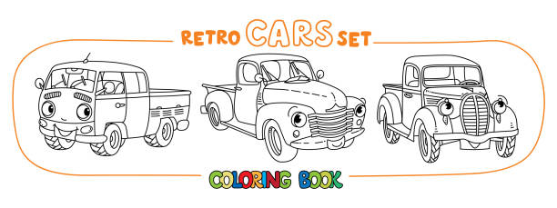 illustrazioni stock, clip art, cartoni animati e icone di tendenza di divertente piccolo retrò pick-up auto da colorare libro - pick up truck old car traffic