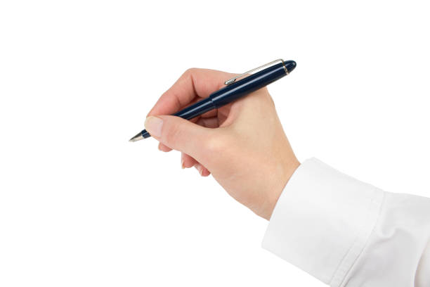 Woman hand writing with a pen, background white, isolated. Copy space for text. stock photo