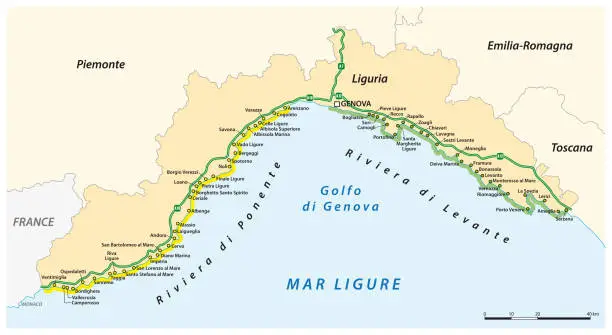 Vector illustration of vector map of cities on the Italian Riviera, Ligurian Riviera