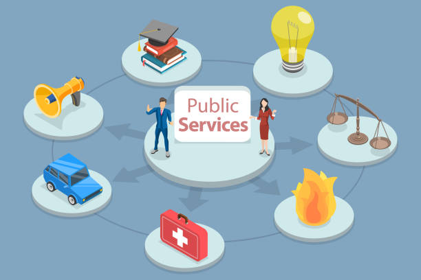 3D Isometric Flat Vector Conceptual Illustration of Public Service 3D Isometric Flat Vector Conceptual Illustration of Public Service, Services for all Members of a Community public utility stock illustrations