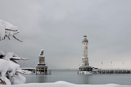 Seaport of Lindau Lake Constance in winter with snow