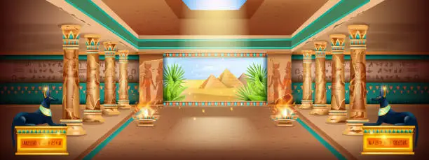 Vector illustration of Egypt ancient temple background, vector palace illustration, column, pharaoh pyramid interior design.
