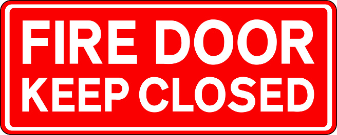 Fire door keep closed sign. White on red background. Emergency safety signs and symbols.