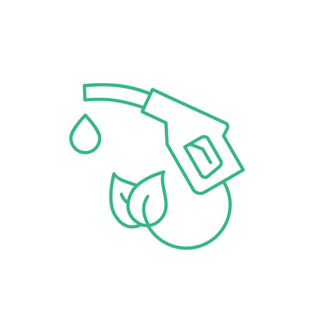 Biofuel dispenser line icon. Sustainable energy fuel nozzle. Gasoline hose with a leaf and a drop. Environment friendly power generation. Gasoline pump pistol. Vector illustration, flat, clip art. zero emission vehicle stock illustrations